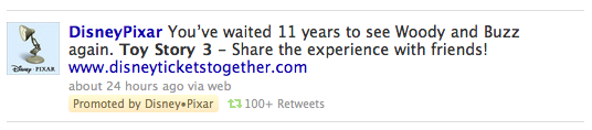 a promoted tweet from Pixar about Toy Story 3