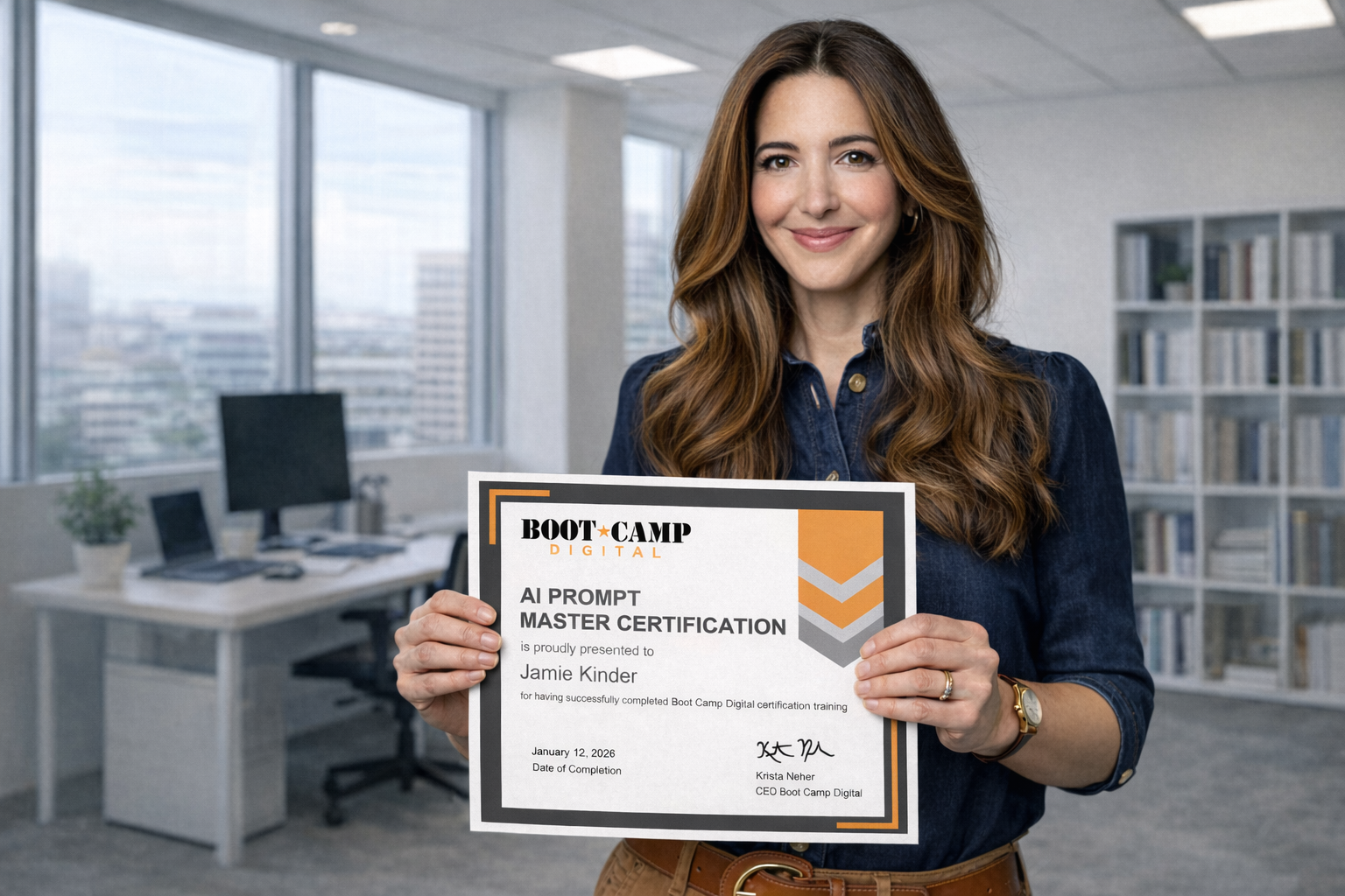 Woman holding a Boot Camp Digital AI certification.